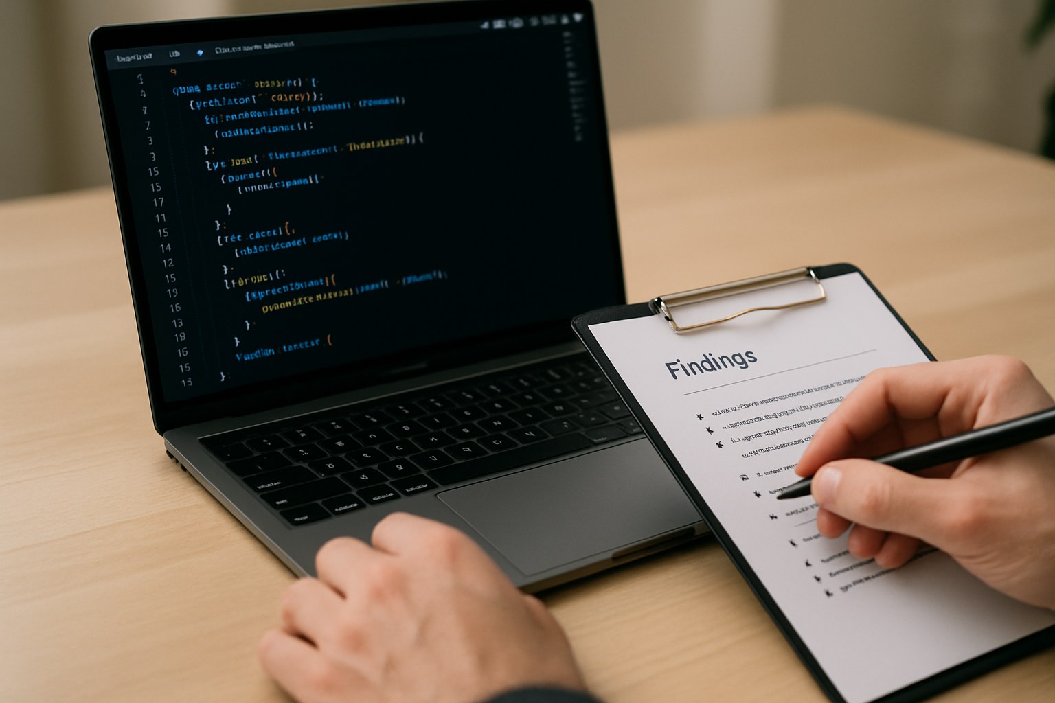 Two developers reviewing an inherited JavaScript codebase during a code audit