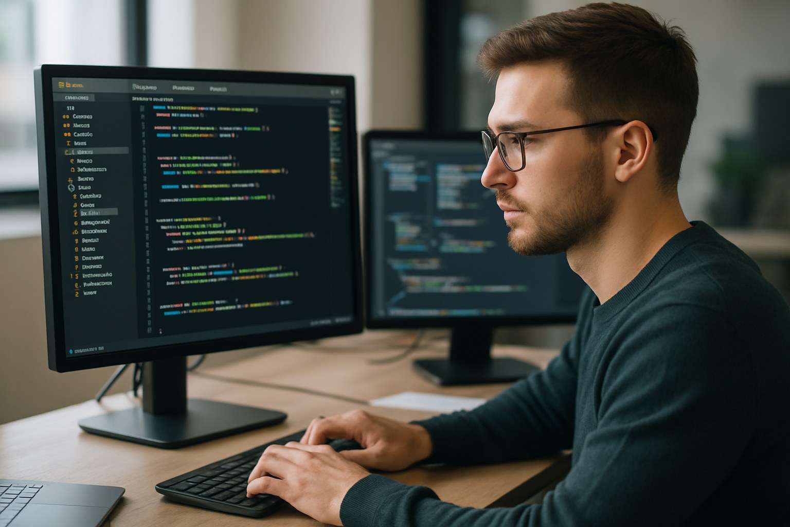 Backend developer inspecting service logs and metrics on screen