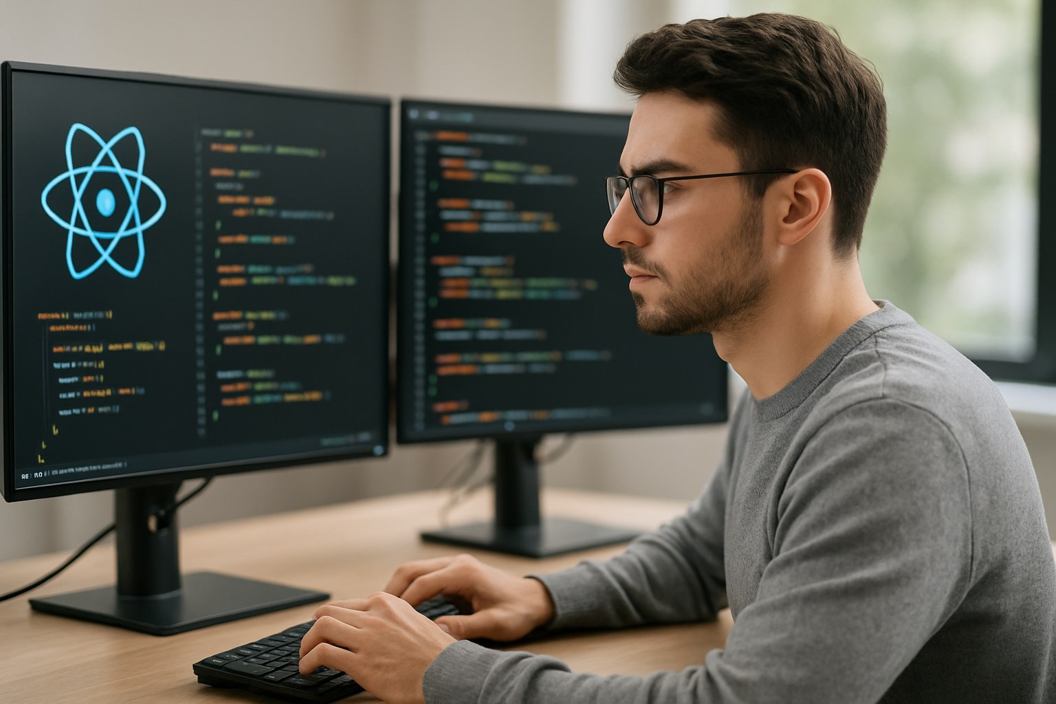 React developer reading component code on a laptop during a normal working day